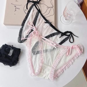 Calcinha feminina de renda sexy girl triangle calça no lote de biquíni de cetim despastado laços doces lingerie transparente para mulheres 2024