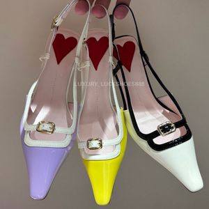 Top quality simple button Patent leather Low heeled slingbacks sandal Kitten heels Dress shoes womens Luxury designer heels evening Wedding shoes Factory footwear