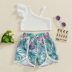 Set di abbigliamento da 1-4 anni per bambini pantaloncini set senza maniche giubbotti irregolari con foglie Stampa un outfit da spiaggia estivo per neonati