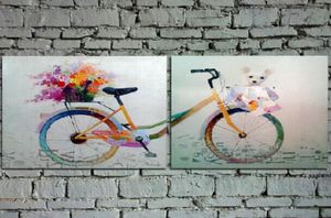 Handpackte Cartoonölmalerei auf Leinwand schöne Fahrradkunst mit Blumen und Teddybär für die Wanddekoration in Girl039S RO9487389