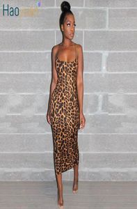 Haoyuan Sexy Cheetah Leopard Print Midi платье Женская одежда плюс размер элегантный спагетти -ремешок для боди.