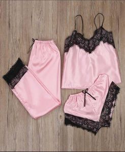 Women039s Sleepwear Lingerie Sexig Silk som Set Lace Pyjamas ärmlös söt Cami Babydoll Vneck Pajama Mujer Three Piece Sui1670596