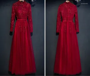 حفلات الحفلات C.V أزياء Stand Twice Red Long Evening Dress Long Moleve Lace Deling Dinner E0024