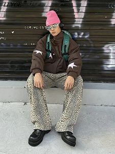Leopard szerokie nogi dżinsy kobiety Y2K 2024 Wiosna lato luźne luźne ładunki lady streetwear mody High Street workowate spodnie 240524