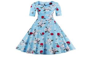 Womens 1950s Plus size S4XL Vintage Short Sleeve Dress Rose Foral Print Elegant Evening Party Swing Dress DK3033MX4741015