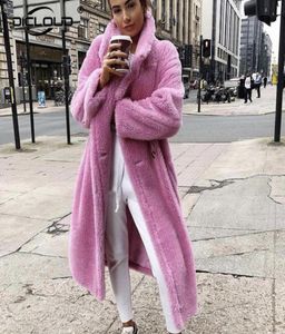 2021 핑크 롱 테디 베어 재킷 코트 여성 겨울 두꺼운 따뜻한 오버 사이즈 오버 코트 여성 모작