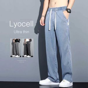 Jeans masculinos Primavera e verão jeans fino bolso de calça elástica de moda reta Lyocell confortável calça casual suave q240525
