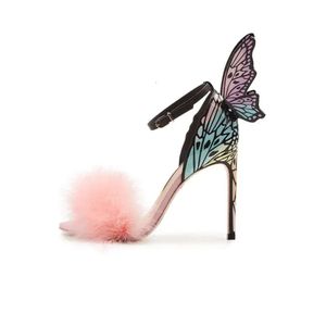 2024 Frete grátis Ladies Patente Couro de salto alto Pena rosa Rospa Ornamentos de borboleta sólida Sophia Webster Sandals Sapatos Colou 7b5