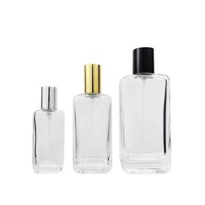 Pusta butelka z sprayem perfum 100 ml 50 ml płaska przezroczysta szklana szklana pompa napełniacza pojemnik Złoty srebrny czarny atomizer 5pcs 240523