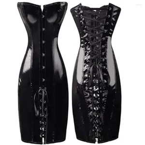 Casual Dresses S-XXL Gothic Black Red Body Slim PVC Corset Sexy Club Long Bustier Dress Leather