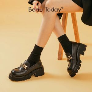 Beautoday Platform loafers kvinnor kalvskinn läder metallkedja rund tå slip på chunky sula damer platt skor handgjorda 26507