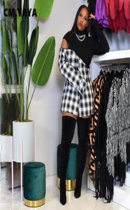 CMYAYA Women Plaid Patchwork Turtleeck Bluzki z długimi rękawami Tops Streetwear Mash