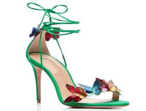 Women039s الصنادل الجلدية في تقليم الفراشة مع فراشة OneStrap Stiletto Laceup Peeptoe Size 3442 Green9514820