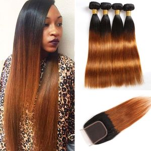 Malaysian Unprocessed Human Hair 3 Bundles With 4X4 Lace Closure 1B/30 Straight Virgin Hair Wefts With Closure 8-28inch 1B/30 Color Cbeko