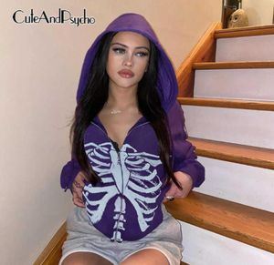 Retro Skeleton Print Y2K Hooded Jackets Streetwear Gothic Casual Zip Up Coats Autumn Fashion 2000s Cute Outfits Cuteandpsycho Y0825110920