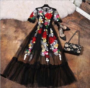 Luxury Dress New 2018 Summer Fashion Designer New Elegant Flower Embroidery Appliques Black Mesh Slim Women Vintage Long Dress T517047264