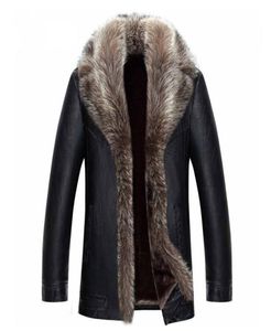 Mens Winter Coat Fur Inside Leather Jacket Real Raccoon Fur Collar Outwear Overcoat Warm Thickening Tops Plus Size Leather Jackets2352283