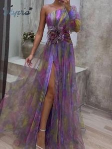 Casual Dresses Elegant Tie-dye Print Dress Women Fashion Oblique Shoulder Pleated Maxi Summer Autumn Lady Party Evening Vestidos Beiab