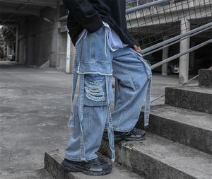 Houzhou workowate dżinsy rozerwane dla mężczyzn dżinsowe spodnie męskie punkowe punty gotowe spodne