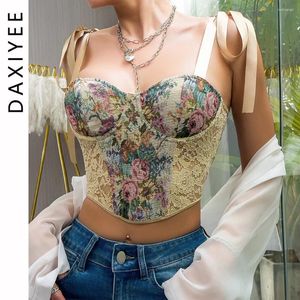 Tanques femininos de estampa floral antigo espartilho francês malha de renda francesa colheita de retalhos tops bolhas de manga de tanque de tanques de tanque sem costas Buster bustier