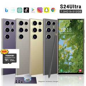 Free Express S24 S23 Ultra 5G 스마트 폰 얼굴 ID 4G LTE DECA 코어 12GB 512GB 7.3 인치 모든 화면 HD Android OS GPS Wi -Fi 64MP 카메라 3G 스마트 폰 텍스처 매트 유리 블랙