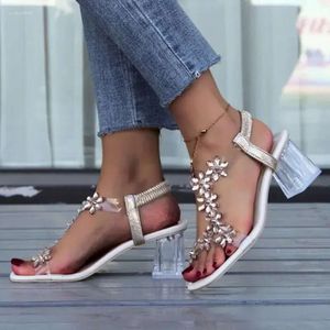 Crystal Transparent Sandals High Heels Women Roman Flower Chunky Heel Non-Slip Square Head Open Toe Shoes Sand 66e