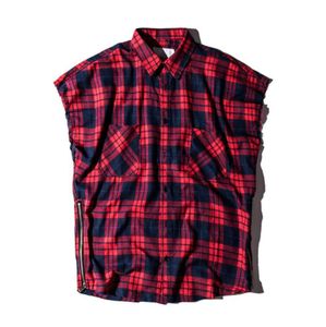 Modemärke rutiga skjorta män hiphop ärmlösa skjortor herr sido blixtlås shirtcamisa maskulina swag plus size5036526