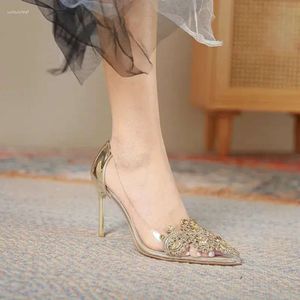 Spetsiga sexiga sandaler tå slip-on bröllopsfest modeskor kvinnor pumpar transparent p a63