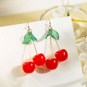 Japanese and Korean fruit cherry internet famous Instagram exquisite green leaf earrings cartoon cute temperament student resin earrings
