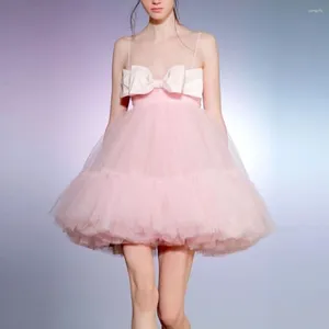 パーティードレススウィートパールピンクミニイブニングアインラインショートチュールドレスとかわいい弓セクシーな女の子サマードレス