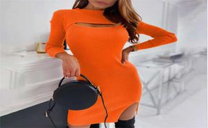 Chest Hollow Knitting Round Neck Long Sleeve Casual Shirt Dresses Woman Dress Women Clothing Short Mini Base Tight Slim Bodycon6699690