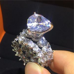 مصنوعة يدويًا 925 الجنيه الاسترليني الخاتم الفضي مجموعة القلب قطع 8CT AAAAA CZ خواتم الزفاف للنساء للنساء حزب المجوهرات ETPXE