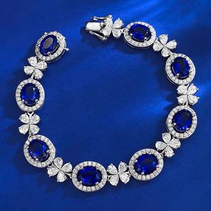 Queen Royal Sapphire Diamond Bangle Armband 100% Real 925 Sterling Silver Wedding Armband för kvinnor Män engagemangsmycken Jinrn