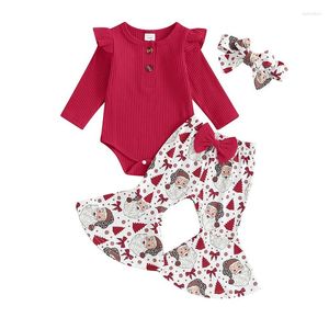 衣料品セット秋のクリスマスの幼児の女の赤ちゃんパンツ赤い長袖ロンパーサンタプリントフレアヘッドバンドクリスマス