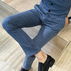 Men's Pants Mens Designer Cotton Fashions Stripe Formal Wedding Dress Suit Pants Man Stripe Business Casual Pants Trousers Male Q240525