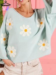 가을 겨울 여자 스웨터 패션 패션 캐주얼 느슨한 탑 v 넥 플레어 슬리브 자수 꽃 따뜻한 니트 풀오버