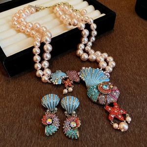 Crystal Pearl Conch Çift katmanlı kolye küpeler retro abartılı tasarım kazak zinciri takılar toptan aksesuarlar 240511