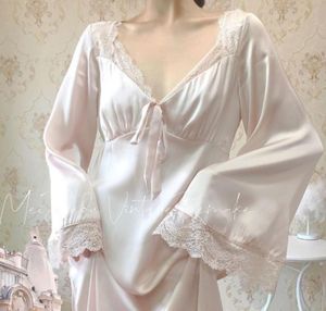 Satynowa koszulka nocna eleganckie bajki kobiety jesienne nuty z koronką nocną odzieżą długie rękawy vintage Nightie seksowna suknia vestidos3437126