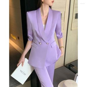 Kvinnors tvåbitar byxor Purple Shawl Lapels Half Sleeve Jacket kostym Slim Fit White 2 Thin Spring Elegant Pantsuit för socialt tillfälle