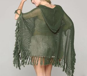 ニットミニドレスフィッシュネットスカートはかぎ針編みの女性ビキニカバーフード付きタッセルポケットチュニックチュニックサマービーチウェアアーミーグリーン8883003
