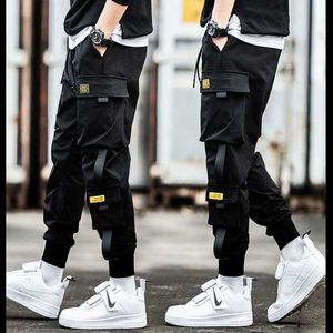 Men's Pants Mens Cargo Pants Casual Hip Hop Hit Color Multiple Pockets Trousers Streetwear Ribbons Techwear Sweatpants Q240525