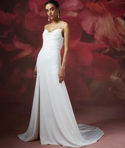 Classy Long Crepe Strapless Wedding Dresses with Slit Sheath Ivory Modern Open Back Vestido De Noiva Sweep Train Pleated Bridal Gowns for Women