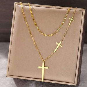 Pendant Necklaces Stainless Steel Necklaces Cross Pendant Choker Multilayer Chain Double Stacked Wear Light Luxury Fine Necklace For Women Jewelry Q240525