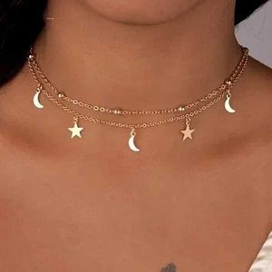 Pendant Necklaces Delysia King Women Trendy Moon Star Necklace Simplicity Alloy Banquet Bead Pendant for Birthday Party Q240525