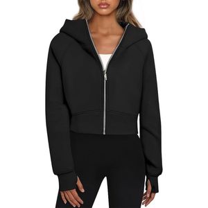 Women's Fleece Lined Full Up Hoodie Long Sleeve Hooded Sweatshirts Solid Color Casual Coat with Thumb Hole