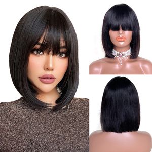 Human Hair Headband Wig Women Medium Length Bob Wig Fluffy and Stylish Face Trimming Bangs Waves Full Head Hairstyle