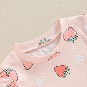 Clothing Sets Toddler Girl Flare Pants Set Daisy Print Floral Shirt Ruffle Short Sleeve Tops Ribbed Bell Bottoms Strawberry Outfit
