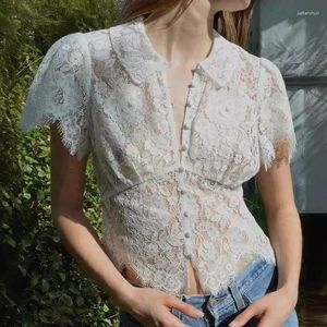 Frauenblusen Top End Summer Women White Sweet Lace Hollow -out Slim Bluse Casual Lady passen alle passen Lappel Single Breasted Short Sleeve Tops