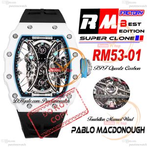 Pablo MacDonough 53-01 Handbuch Wind Real Tourbillon Mens Watch RMF White Tpt Quarz Carbon Blau Inneres Skelett Zifferblatt Schwarzer Gummi Super Edition Rein Edition Reloj Ptrm D4