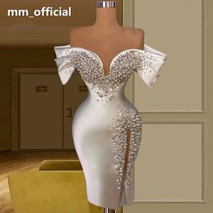 Bainha de luxo vestidos de noiva curtos vestidos de pérolas de cristal de ombro cetim vestidos de festa formal vestidos longos lobes de soiree